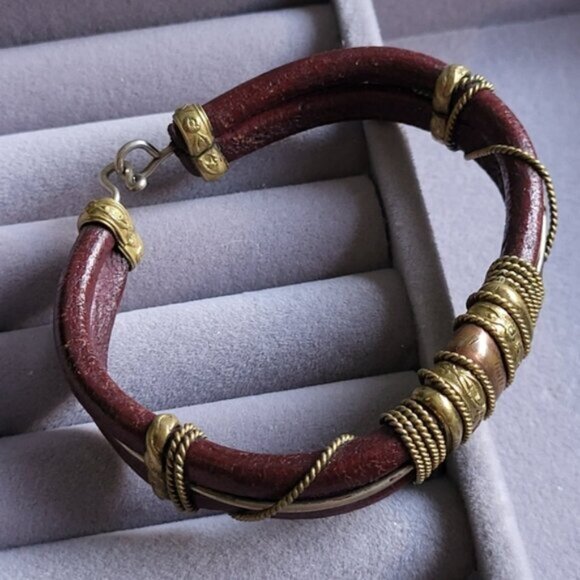 Vintage Ethnic Artesian Leather Copper Rope Twist Adjustable Bracelet - Picture 9 of 10